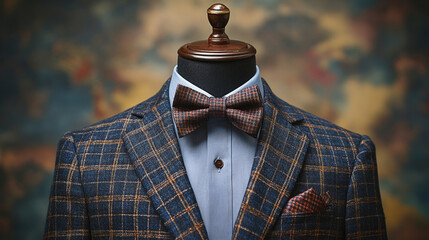 A classic, tailored suit paired with a stylish bow tie displayed on a mannequin, showcasing sophistication, elegance, and craftsmanship in formal menswear.