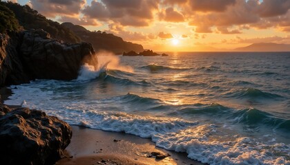 Obraz premium Sunset Over Ocean Waves Crashing on Rocky Shoreline with Dramatic Sky for Concept World Water Day 