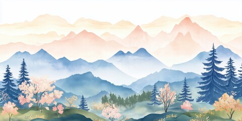 Serene Watercolor Landscape with Mountains and Colorful Trees at Sunrise