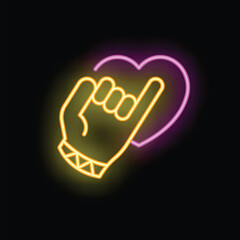 Neon sign of a hand making the korean love sign with its index finger and thumb, forming a small heart shape, near a bigger glowing heart