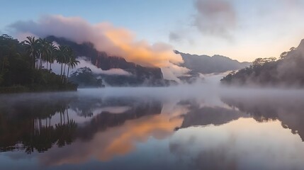 Fototapeta premium Misty Sunrise Lake Tropical Landscape Mountains Reflection