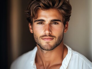 Fototapeta premium Young man with well-groomed hair and a confident expression in natural light
