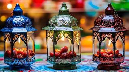 Fototapeta premium Three Illuminated Metal Lanterns with Dates Festive Ramadan Decor