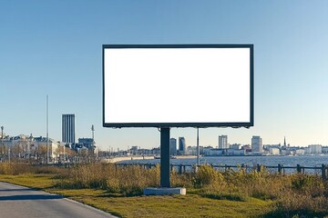 Fototapeta premium White Mockup billboard on a background of cityscape and sea. suitable for advertising. Blank billboard and outdoor advertising. White Mockup poster outside. Tallinn, Estonia.