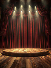Wooden podium for product presentation with red velvet curtains and stage lighting