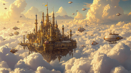 Obraz premium Floating Steampunk City in the Clouds with Airships