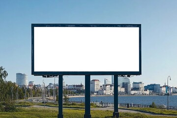 Fototapeta premium White Mockup billboard on a background of cityscape and sea. suitable for advertising. Blank billboard and outdoor advertising. White Mockup poster outside. Tallinn, Estonia.