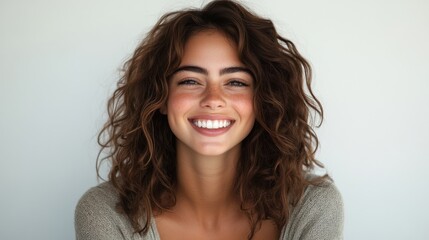 Naklejka premium Smiling woman with curly hair enjoys a moment of joy in a bright, simple indoor setting during daylight hours