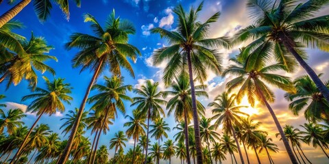 Lush Coconut Palm Trees Against Vibrant Blue Sky - Tropical Paradise Stock Photo