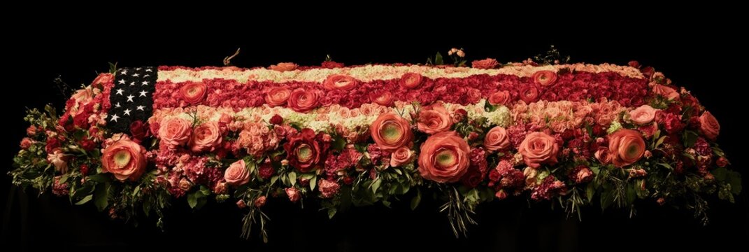 Floral American flag tribute, somber background. Remembrance event