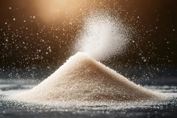 Pile of white sugar crystals falling on a dark background
