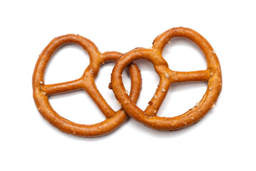 Small salted pretzels on white background. German traditional pastry.