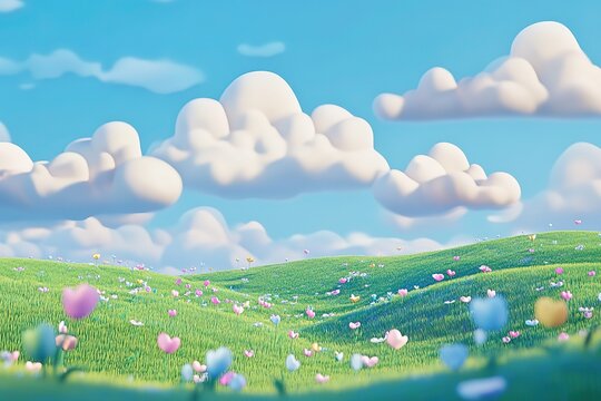 Colorful Cartoon Meadow Under a Cloudy Sky