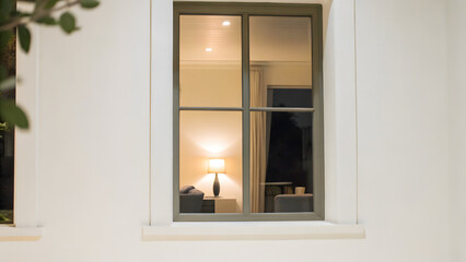 Glass window frame house interior on white wall