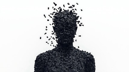 A fragmented human silhouette disperses into black particles against a white background, symbolizing transformation and the dissolution of identity.