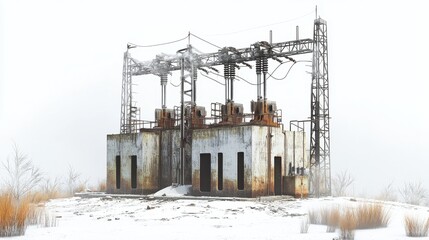 Obraz premium Abandoned power station in a snowy landscape, surrounded by fog and overgrown grasses