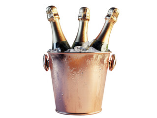 Isolated Three Champagne Bottles in Rose Gold Ice Bucket