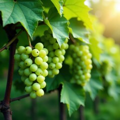 Green grapes hanging in clusters on a lush green vine, autumn leaves, plant life