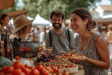 Lively market day local farmers market food festivity outdoor setting candid perspective community spirit