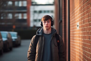 Fototapeta premium A teenage boy wearing headphones and a backpack in an urban area near a brick wall, standing in casual attire during sunset, looking thoughtful and stylish. Generative AI.