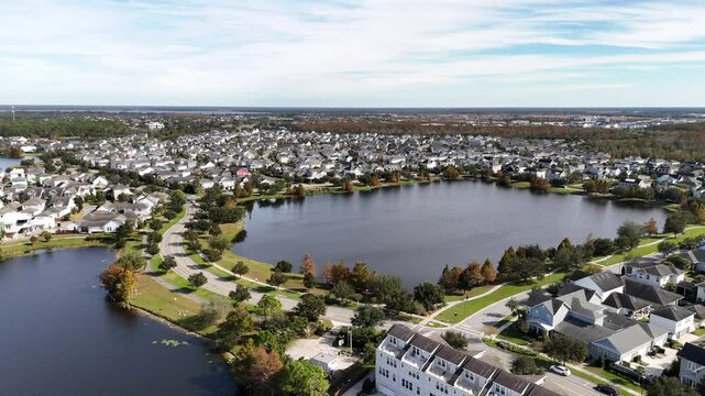 Lakes surrounded by newly built homes in the Lake Nona area of Orlando in Orange County, Florida.