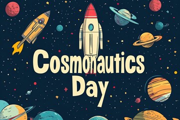 Naklejka premium Cosmonautics Day or International day of human space flight. Illustration, greeting card
