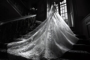 Bride wearing gorgeous wedding dress walking up the stairs in black and white