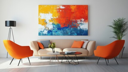 A Modern Living Room With Orange Armchairs, A Beige Sofa, And A Vibrant Abstract Painting. The Room Is Bright And Airy, With Natural Light Streaming In.