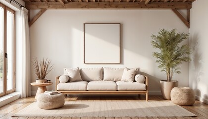 Zen-Like Living Space with Neutral Tones and Natural Elements with copy space