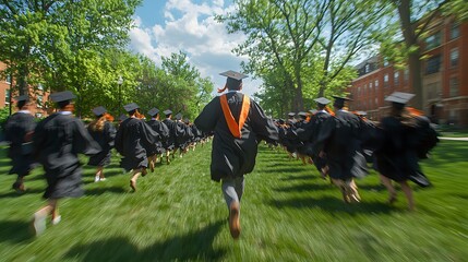 Rear view of a student running toward their friends with their diploma held high