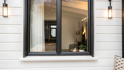 Fototapeta premium Glass window frame house interior on white wall