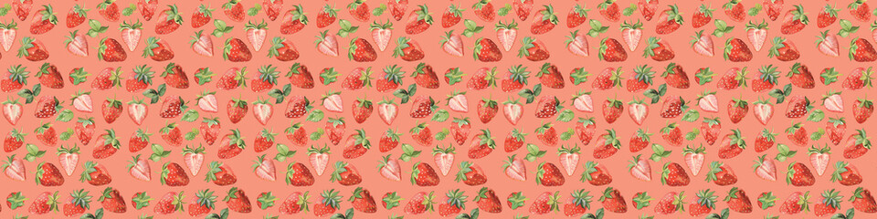 Seamless pattern with little strawberry different shape slice on a red background strawberries with green leaves 