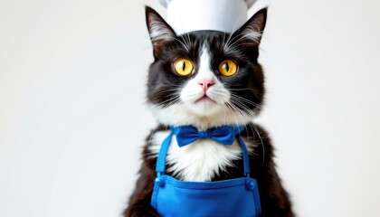 Black and white cat wearing chef hat and blue bow tie with apron