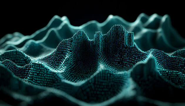 Abstract digital landscape of binary code forming undulating hills.  Perfect for tech, data, and AI concepts.