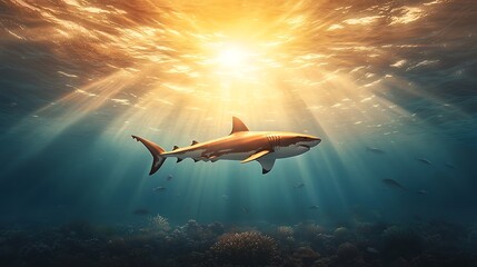 Fototapeta premium Artistic underwater tattoo idea with sunlight rays, coral reef details, and a variety of tropical fish surrounding a fearsome great white shark in vivid ocean colors, 