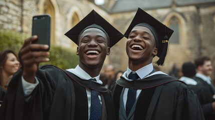 Side profile of two graduates laughing as they take selfies in their gowns and caps, surrounded by friends