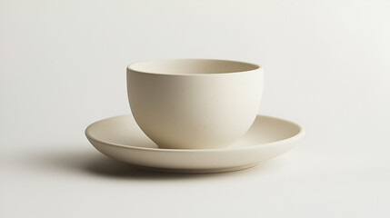 Fototapeta premium Simple elegance: A minimalist off-white teacup and saucer set against a clean white background.