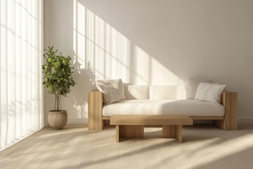 Cozy living room with minimalist sofa, wooden table, and natural light streaming through curtains during daytime