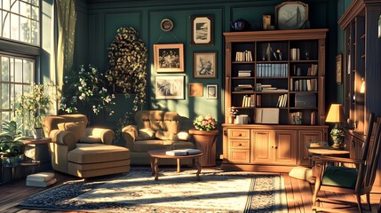Sunlit Living Room with Two Armchairs, a Bookshelf, and a Coffee Table