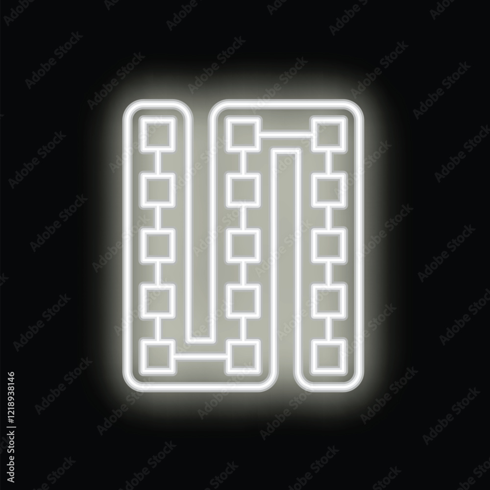 Poster neon white algorithm icon glowing on black background representing the concept of artificial intelli