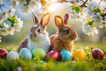Fototapeta premium Easter Bunnies Silhouette: White & Brown, Colorful Eggs, Blooming Flowers