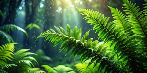 Lush Rainforest Fern Bush, Vibrant Green Foliage, High-Resolution Stock Photo