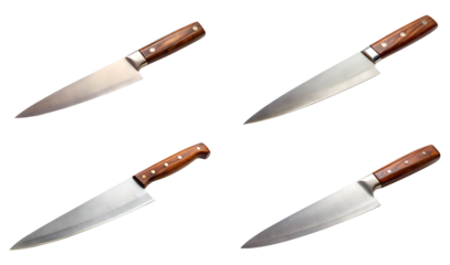 set of big steel chef knife, isolated soft focus on the transparent background
