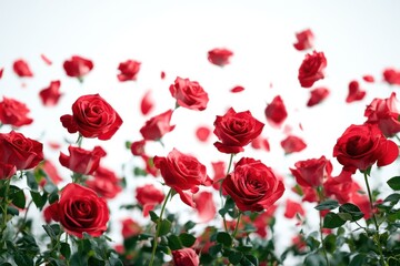 Enchanting red rose petals dancing in the air floral garden photography bright atmosphere close-up beauty of nature