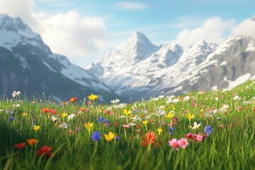 Fototapeta premium Colorful wildflower meadow in the Alps under a clear blue sky with snow-capped mountains in the background