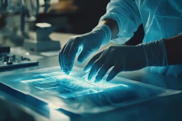 A close-up of hands in gloves holding and preparing samples on an electrophoresis gel under the lights, with laboratory equipment visible in soft focus in the background.