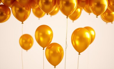 Golden balloons, festive atmosphere, shiny metallic finish, party decorations, floating balloons, white brick wall background, celebration, elegant event, balloon strings, varying balloon sizes, warm 
