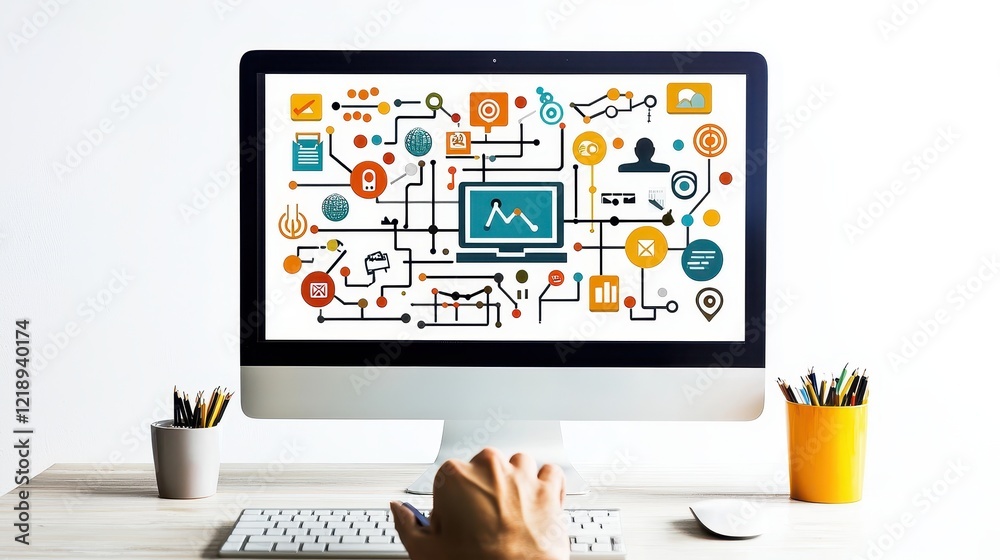 Poster a person designing a digital ad for a website promotion with creative elements on a computer screen 