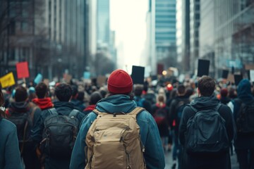 Obraz premium Crowd walking down street marching in protest holding signs and banners