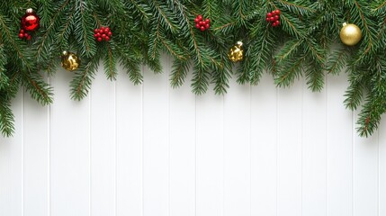 Christmas Fir Branches with Ornaments on White Wood Background
